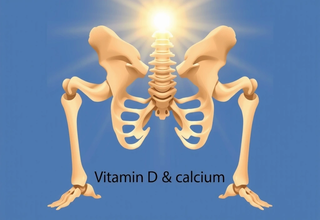 Huesos fuertes y articulaciones flexibles, con un toque de luz solar simbolizando la Vitamina D.