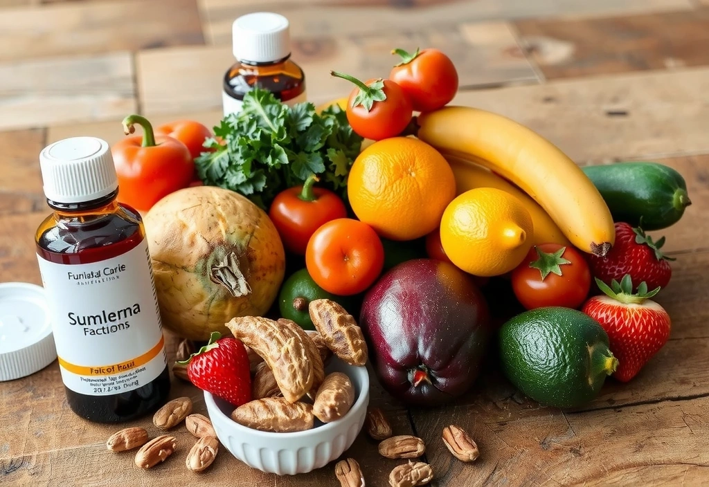 Alimentos saludables y suplementos naturales en una mesa, representando una dieta equilibrada