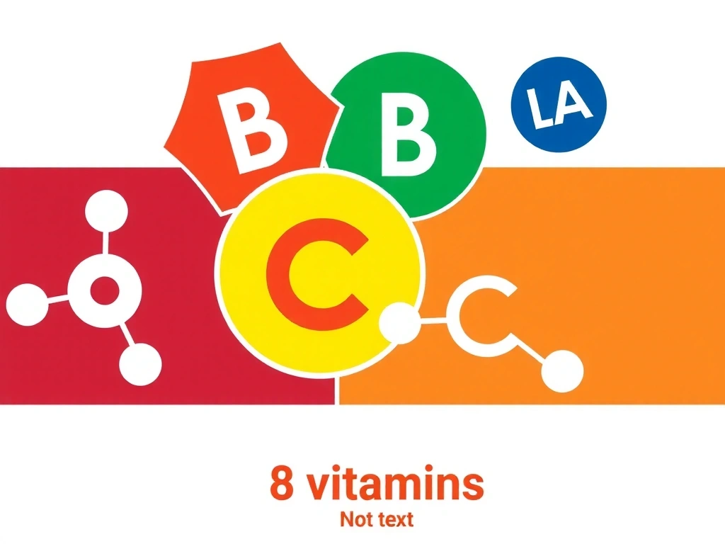 Ilustración de las ocho vitaminas del complejo B en un diseño molecular abstracto