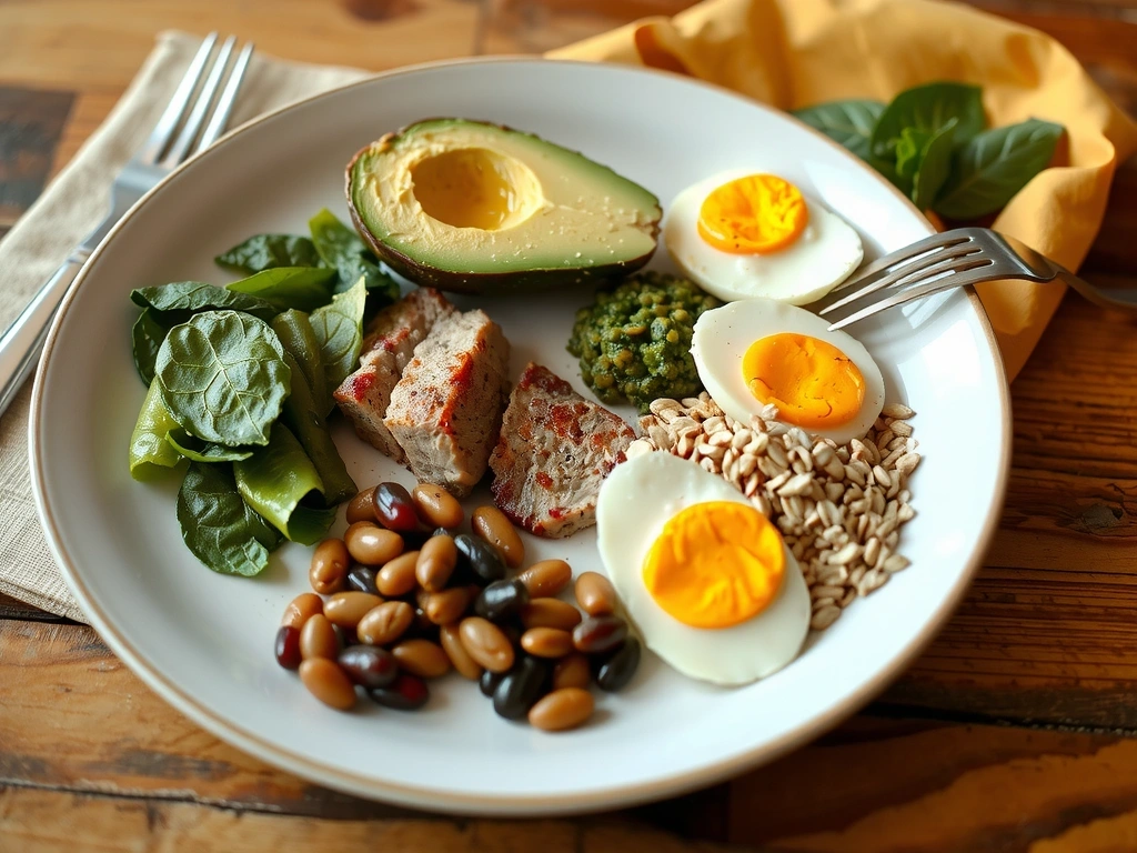 Plato con variedad de alimentos ricos en vitamina B como huevos, aguacate, carne, legumbres y verduras.