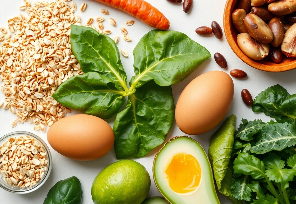 Conjunto de alimentos ricos en Vitaminasnaturalesetc B, como cereales integrales y legumbres.